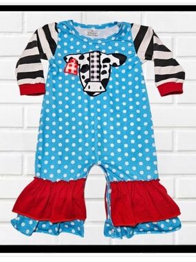COW Applique Polka Dot Blue Girl Toddler One-Piece with Red Ruffle 18-24 Mos